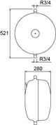 Zeichnung eines Druckausdehnungsgefäßes von IMI Hydronic Engineering mit zwei Anschlüssen (R3/4) und den Abmessungen in der Draufsicht und Seitenansicht.